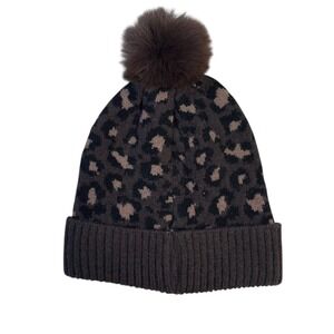 Leopard Print Knit Beanie Hat Brown Black Ribbed Cuff Faux Fur Pom-Pom Winter